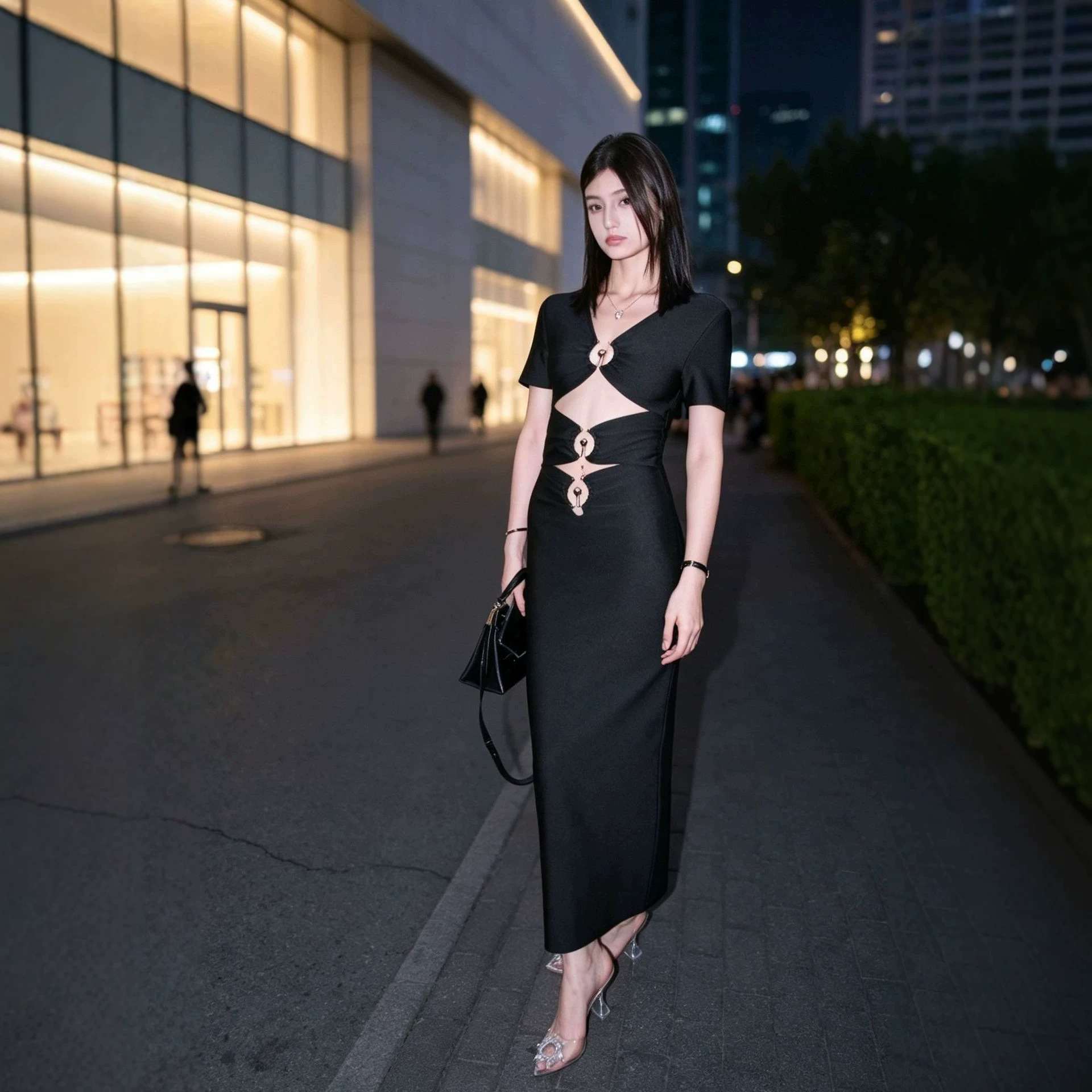 Short-sleeved, cut-out, metal-ring-adorned, long dress with a sexy waist cutout, figure-hugging, and black evening gown – wholesale from the manufacturer