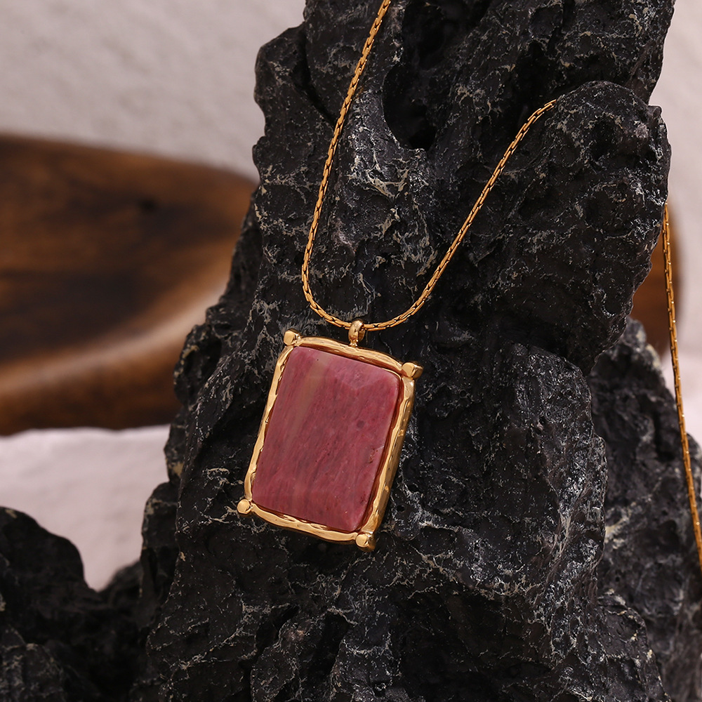 Rectangular Natural Stone Stainless Steel Pendant Necklace