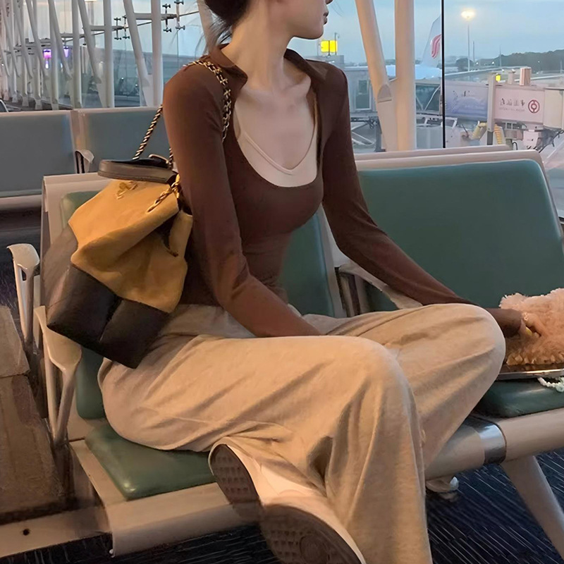 十三行撞色吊带内搭长袖薄款T恤女装2025秋新款设计感显瘦上衣|undefined
