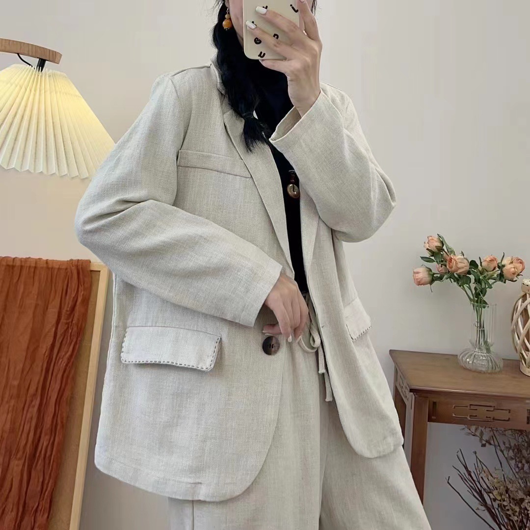 复古文艺亚麻西装外套女秋季新款明线翻盖口袋宽松百搭休闲上衣女