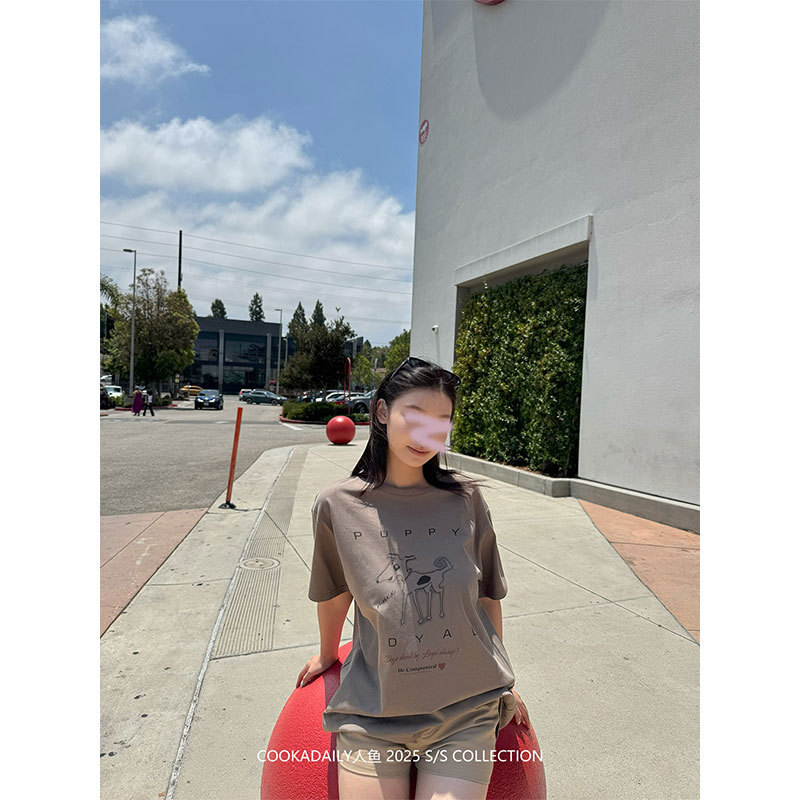 COOKADAILY人鱼 中古小狗简约复古小狗图宽松T恤短袖上衣女|undefined