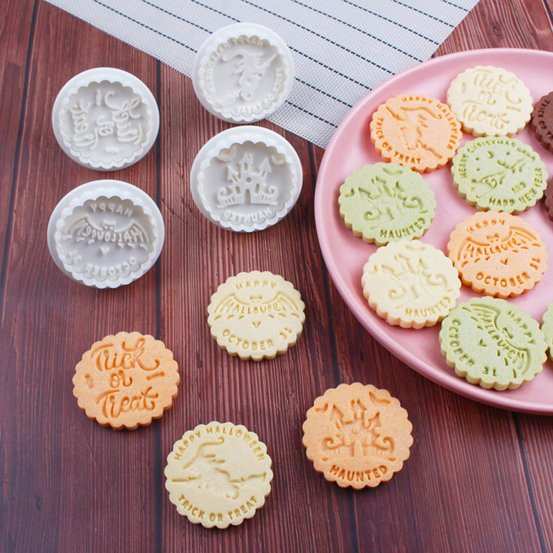 日式圆形万圣节饼干模具夹心3D立体弹簧按压式家用曲奇印章切模