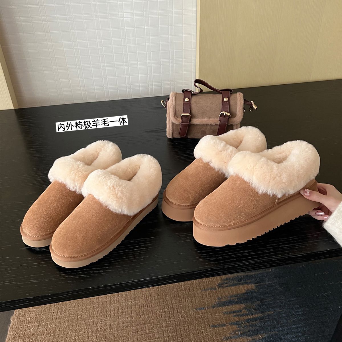 内外一体型ウールローカット暖かいスノーブーツ レディース 冬用 裏起毛 厚底 2025冬 毛皮靴 暖かいタイプ
