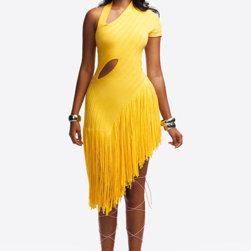 Hollow-Out Asymmetrical Tassel Hem Knitted Sleeveless Solid Color Dress 2026 Summer New Sexy Women's Long Dress