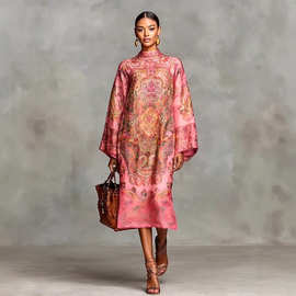 欧美亚马逊跨境外贸2025年秋季新款数码印花清新复古飘逸连衣裙