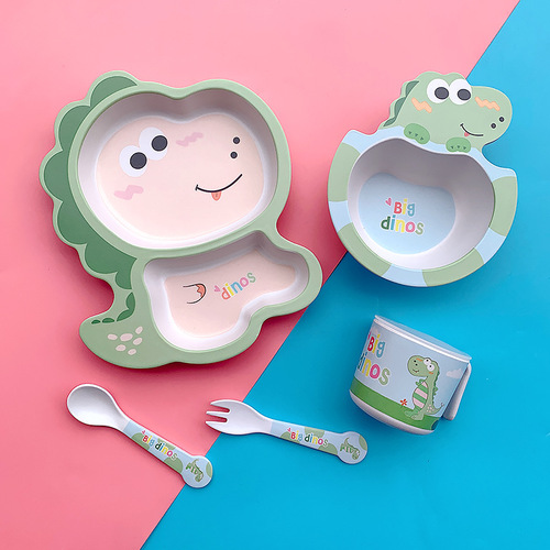 Bamboo fiber children's tableware set cartoon food bowl baby eating compartment plate children's dinner plate spoon fork cup