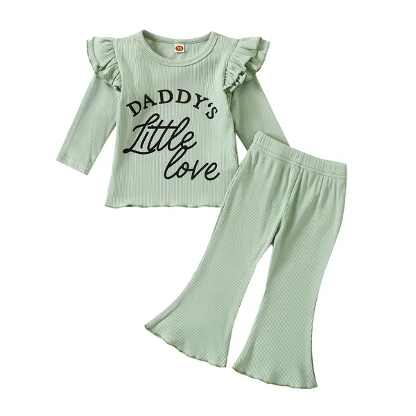 Spring and Autumn Girls' Ribbed Outfit Set: Baby Letter Print Flutter Sleeve Top and Flared Pants Two-Piece Children's Loungewear