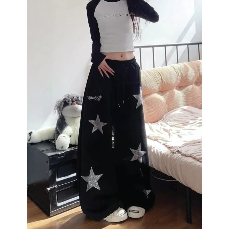 American Style Plus-Size Star-Studded Rhinestone 150kg Curved Hem Sweatpants for Women, New Summer Fashion Loose Jazz Dance Wide-Leg Pants American Style Plus-Size Star-Studded Rhinestone 150kg Curved Hem Sweatpants for Women, New Summer Fashion Loose Jazz Dance Wide-Leg Pants
