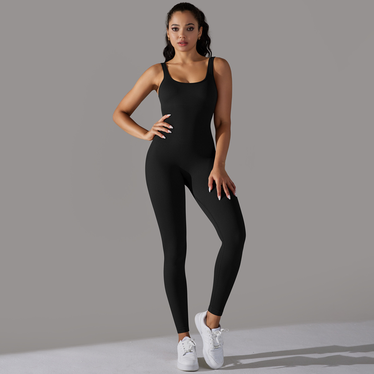 Cruz-frontera sin costuras de punto de color sólido apretado cuello plano mono deportes correr fitness yoga traje de una pieza traje