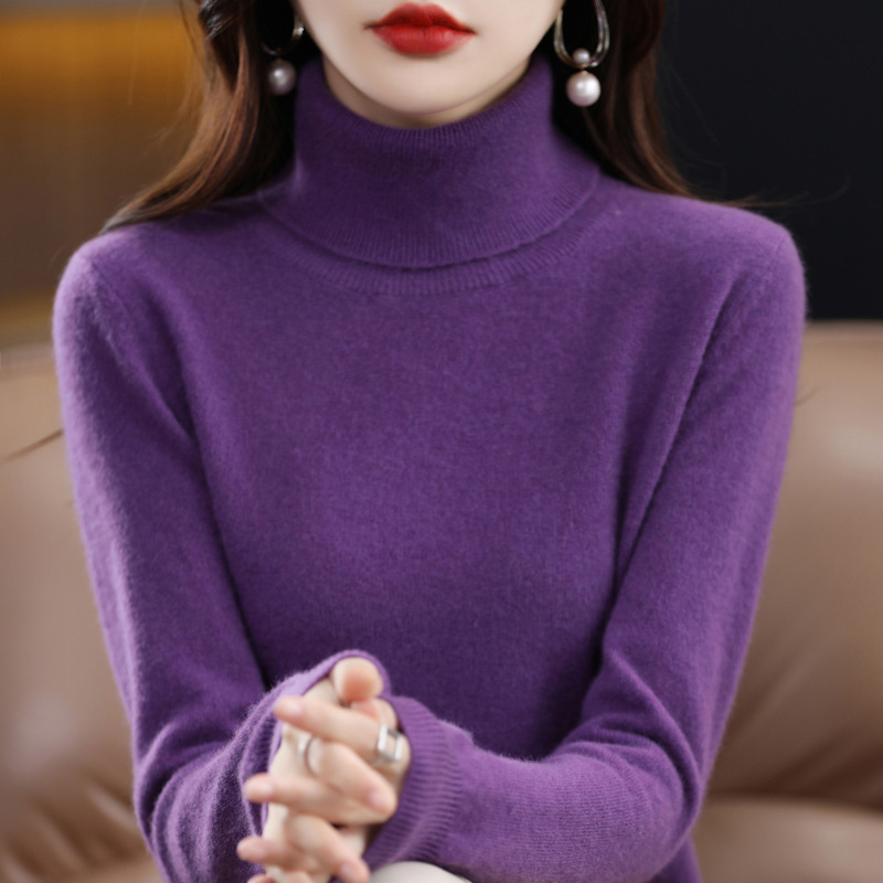 高翻领羊毛衫100纯女式秋冬新款内搭针织衫长袖打底衫翻领毛衣|undefined