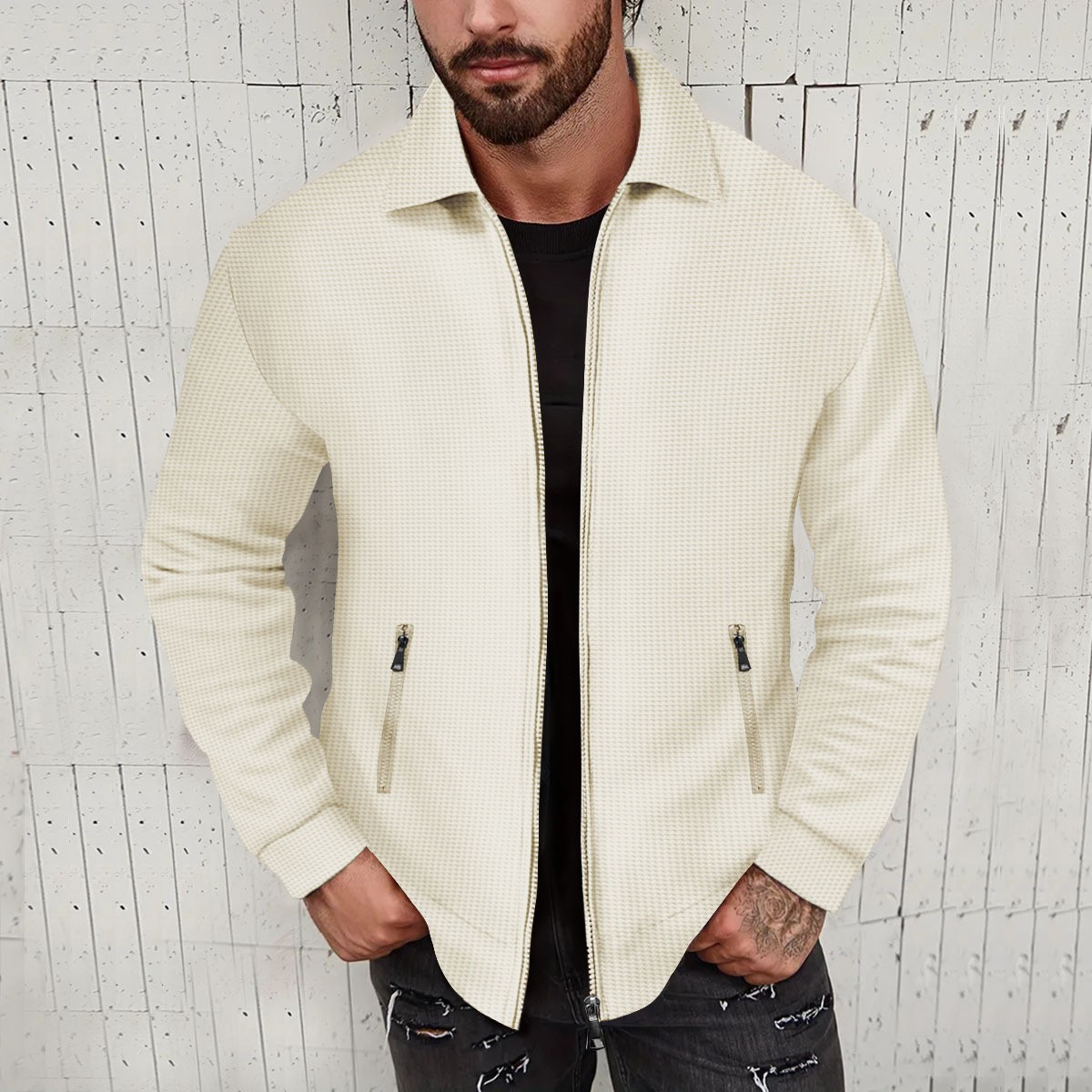 25 European and American Cross-Border Amazon Waffle Lapel Long-Sleeved Zipper Men's Jacket Casual Men's Spring and Autum Jacket