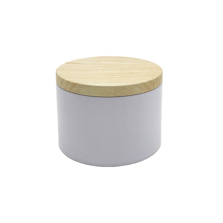 Caja redonda de hojalata negra sellada de doble cara con tapa de imitación de madera de alta gama para dulces, velas y aromaterapia, 4oz 8oz, al por mayor