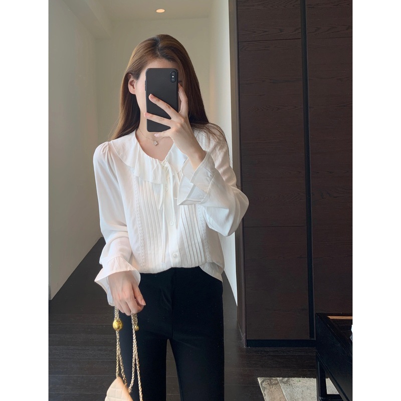 法式优雅 甜美少女荷叶领小衫白月光白色上衣女秋冬新款602998|undefined