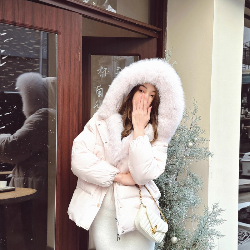 Short Quilted Light Pink Fox Fur Collar down Jacket for Women Winter New Warm Slimming Look Thick Outwear Short Quilted Light Pink Fox Fur Collar down Jacket for Women Winter New Warm Slimming Look Thick Outwear