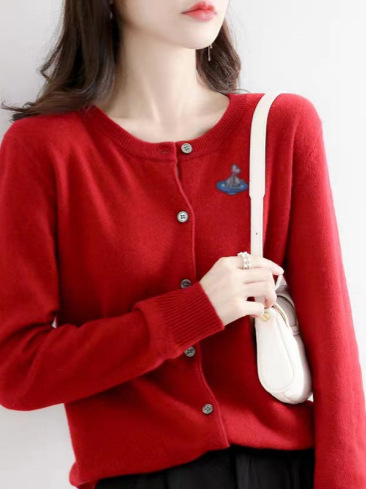 カーディガン レディース 100%ピュアウール ラウンドネックセーター 秋冬ニットインナー 刺繍 宇宙柄 メーカー卸売 ウールセーター