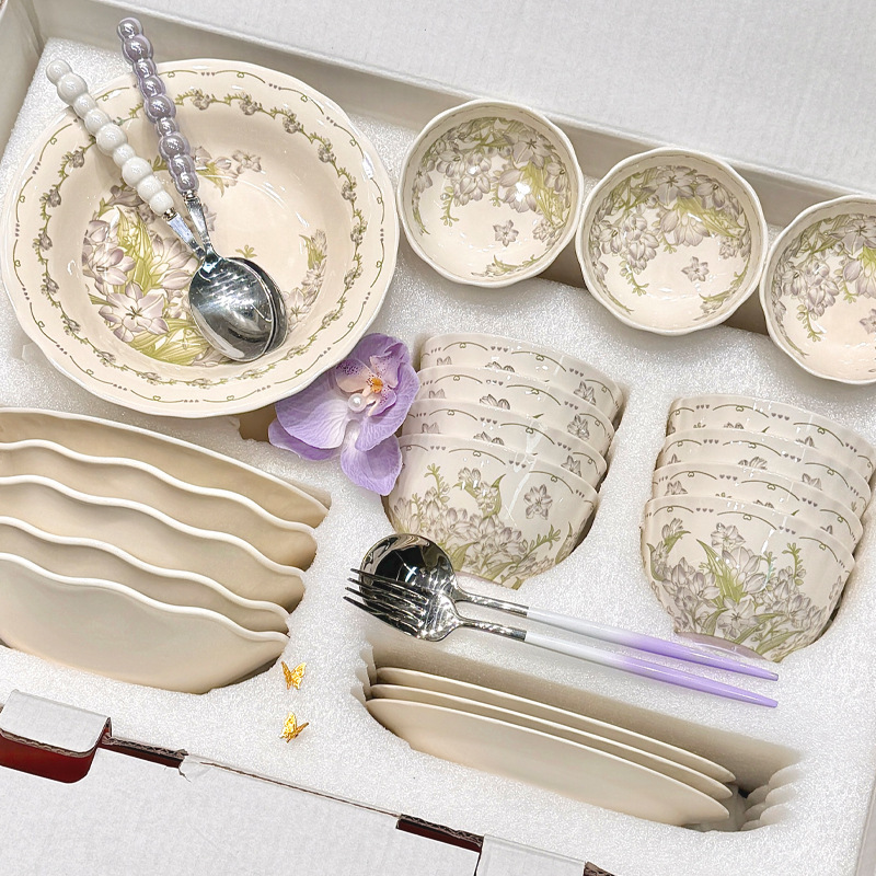 Purple Lily-Of-The-Valley Bowl and Plate Set, Household Underglaze Ceramic Bowls and Plates, High-Value Rice Bowls and Plates, Tableware for Housewarming