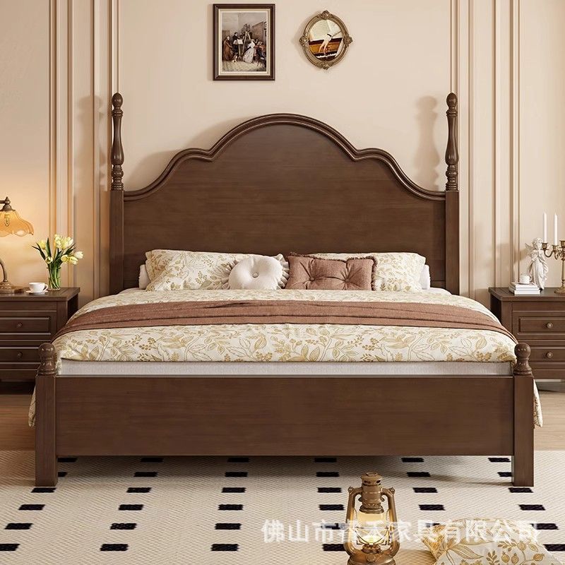 Solid Wood Bed, Master Bedroom, American-Style Double Bed, French-Style Roman Column Storage Bed, Silent Full Solid Wood Bed, Solid Rubber Wood