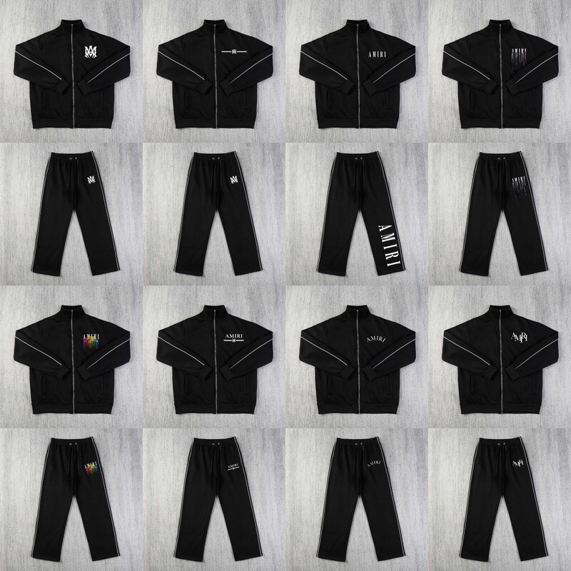 Amiri Letter Print Stand Collar Jacket Jacket for Men and Women, Sports Casual Fleece-Lined Sweatpants and Pants Suit for Couples