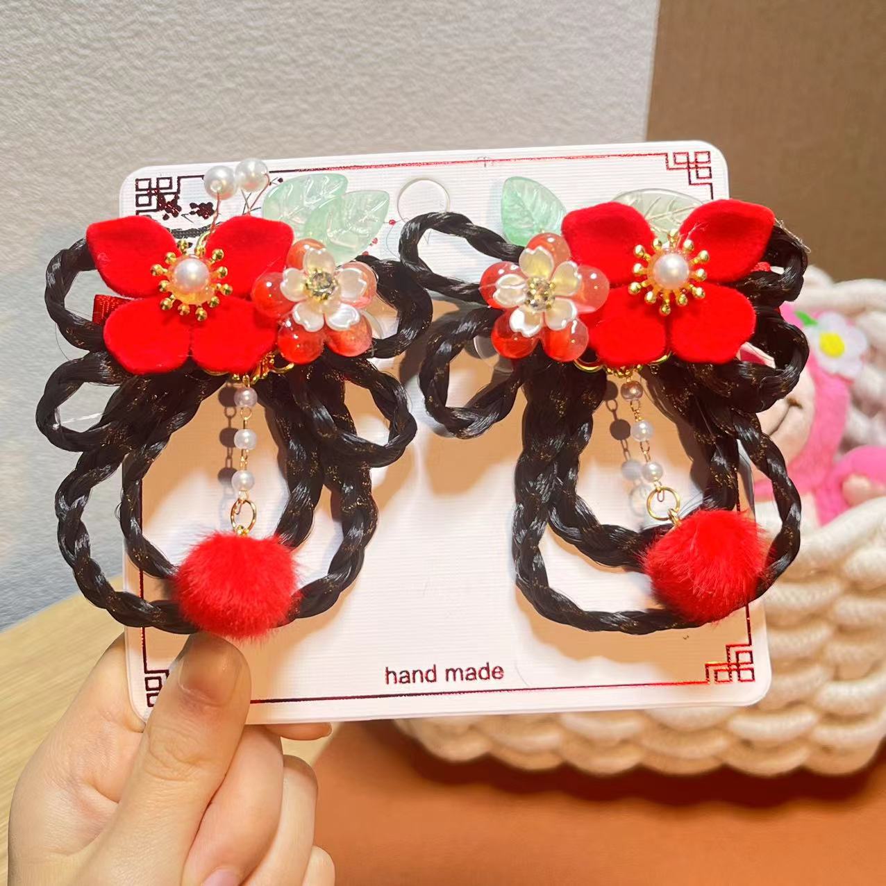 Año Nuevo horquilla accesorios para el cabello de los niños Hanfu estilo antiguo borla arco horquilla niña bebé peluca trenza cabeza Accesorios