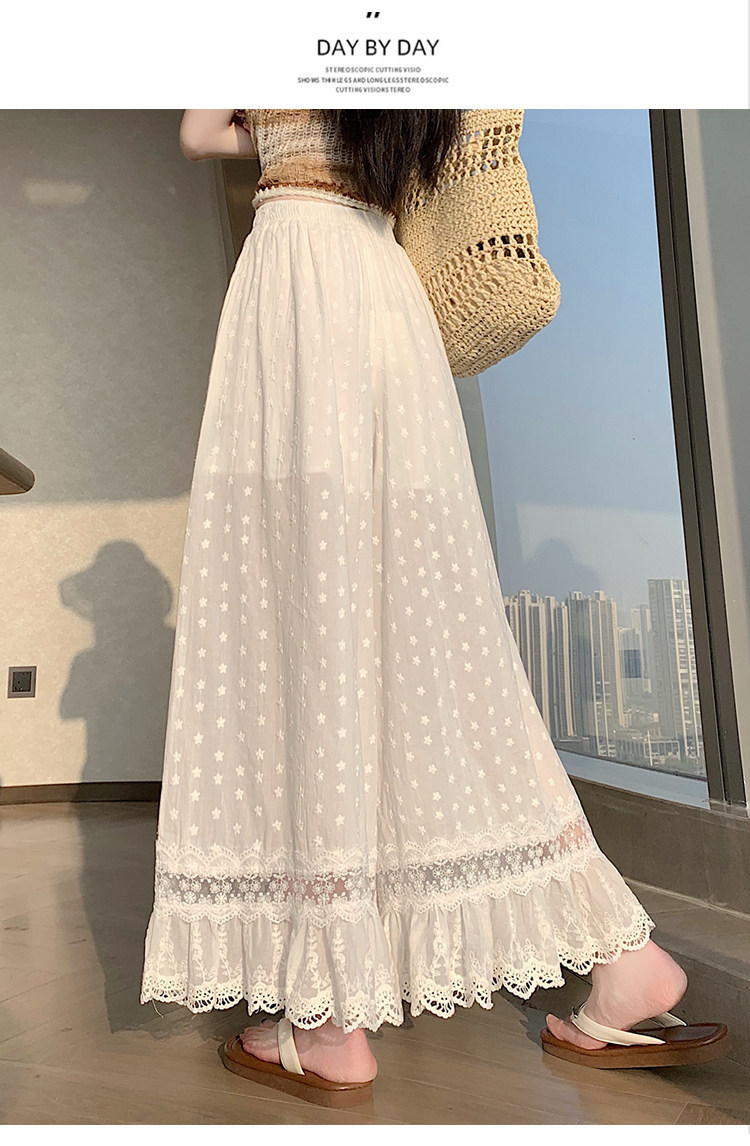 Quần culottes nữ ống rộng ren thêu rỗng cạp cao — màu trắng chi tiết 27