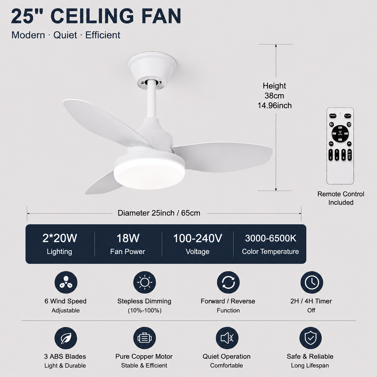 Ventilador de Techo Retro con Luz de Acrílico y ABS con Control Remoto para Sala de Estar y Comedor