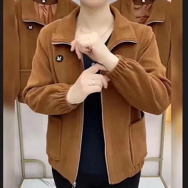 Mother Coat New Corduroy Solid Color Long Sleeve Middle-aged plus size Zipper Long Sleeve Loose Casual Top