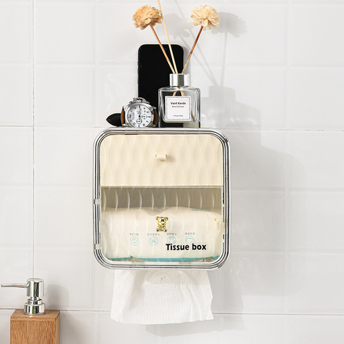 Wall-mounted hole-free waterproof toilet paper holder, household multi-functional bathroom tissue box