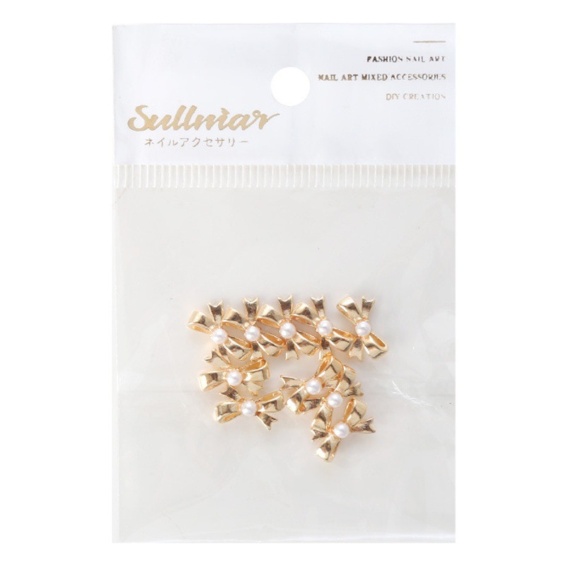 10 unids nail Bow metal joyería cinta francesa perla oro plata pajarita accesorios de uñas mezclado