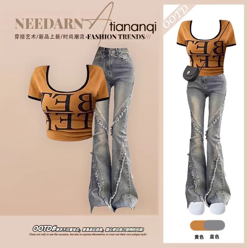 2026 New Korean-Style Sexy Hot Girl Slim-Fit Short-Sleeve Top Paired with Flared Denim Wide-Leg Pants Two-Piece Set