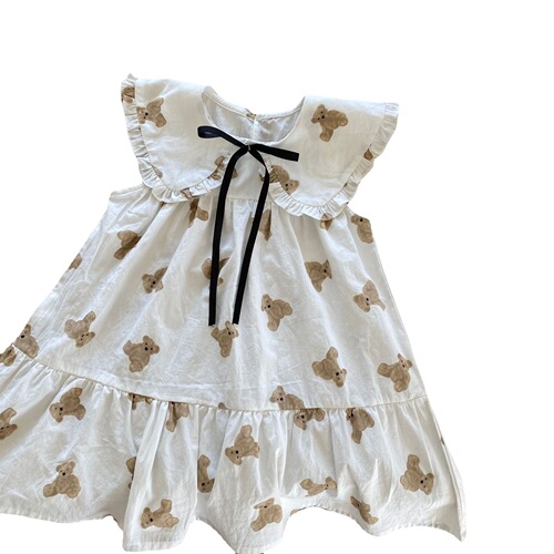 Ins Children's Summer  New Han Style Girl's Bear V-Neck Dress Sleeveless Dress Cute Children's Dress