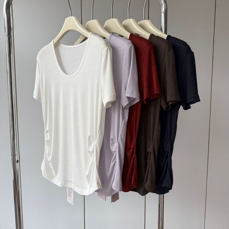 Side Waist Pleats, Austrian Lenzing Tencel + Linen! Goose Egg Collar, Lightweight and Elegant, Slimming Short-Sleeve T-Shirt for Women, Summer Side Waist Pleats, Austrian Lenzing Tencel + Linen! Goose Egg Collar, Lightweight and Elegant, Slimming Short-Sleeve T-Shirt for Women, Summer