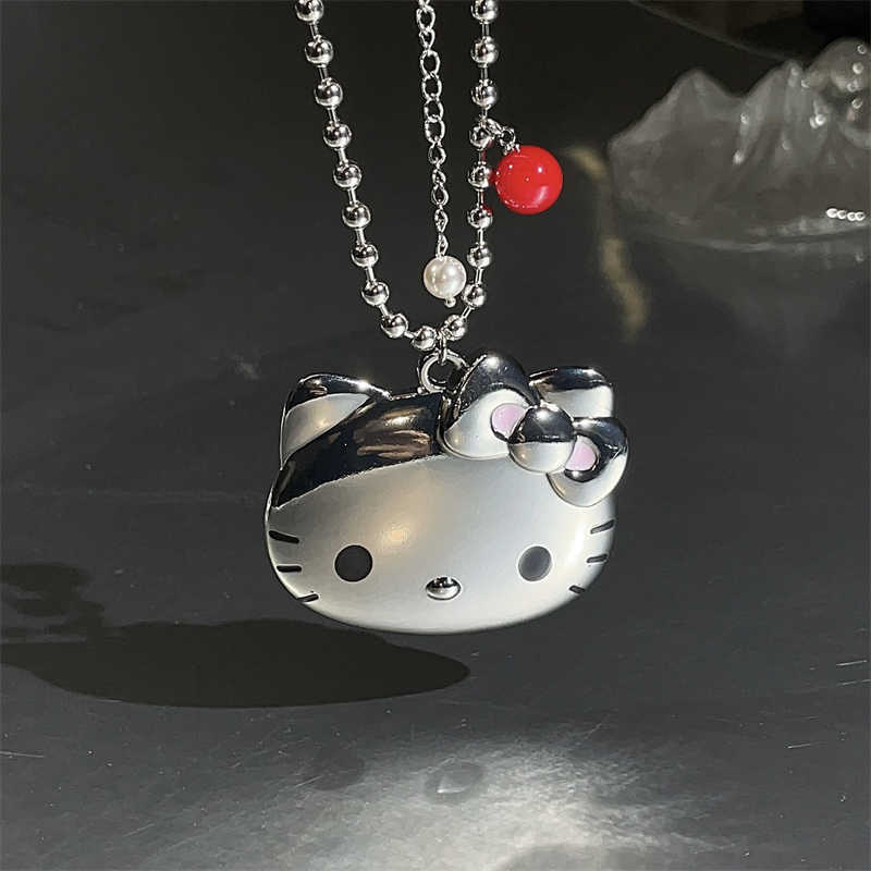 简约金属风银色Kitty猫吊坠项链女小众y2k朋克潮流锁骨链毛衣链|undefined