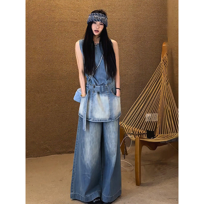 Korean-Style Design Lace-Up Sleeveless Denim Vest Top for Women, New Summer Style Loose Slimming Wide-Leg Pants Two-Piece Set
