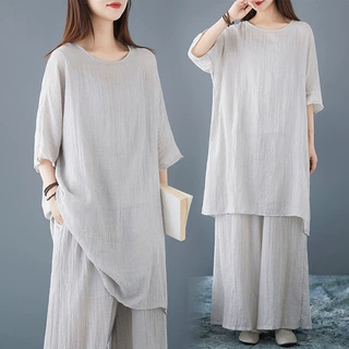 禅服上衣＋裤子＋吊带禅意风棉麻衬衫飘逸天丝亚麻阔腿裤 3件套