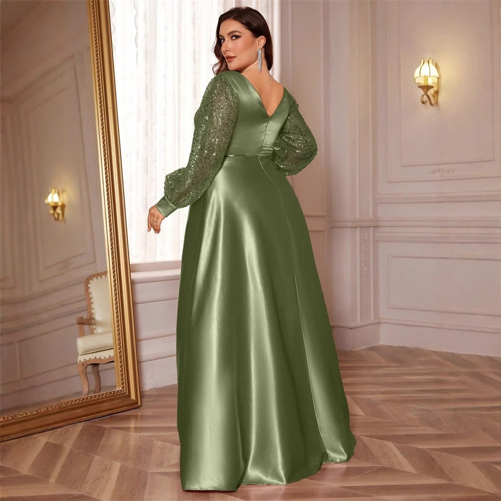ChicShe Cross-Border Neues elegantes Plus-Size-Kleid aus Satin mit Pailletten, langen Ärmeln, V-Ausschnitt, schmal geschnitten, für Brautjungfern, Bankette und Abendveranstaltungen_voghion.com