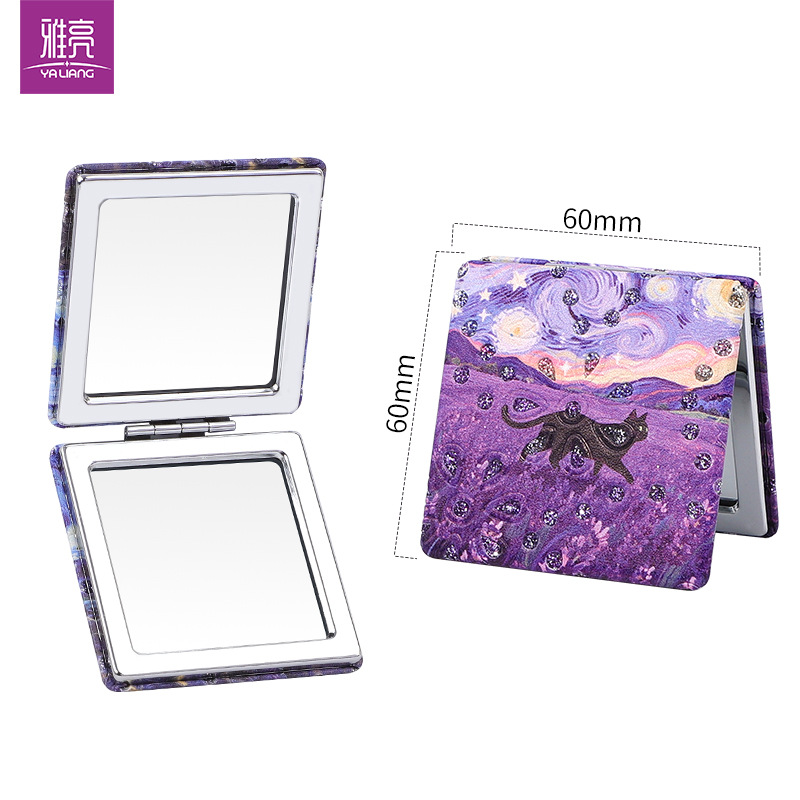 Ins viento flash perforación de piel pintura al óleo estrellado gato portátil doble espejo plegable espejo maquillaje para personalizar