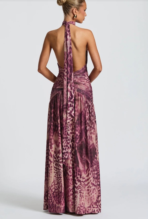 Women's Sexy Halter Neck Bodycon Maxi Dress With Low Back & Thigh Slit | Floral Print Ruffle Detail Lightweight & Flowy Fabric_ecoleips.com