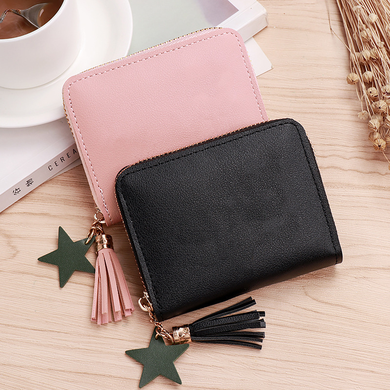 [Cross-Border Hot Item] Women's Zipper Wallet, Fashionable, Compact, Short Style, Simple Zipper, Tassel, Mini Card Holder