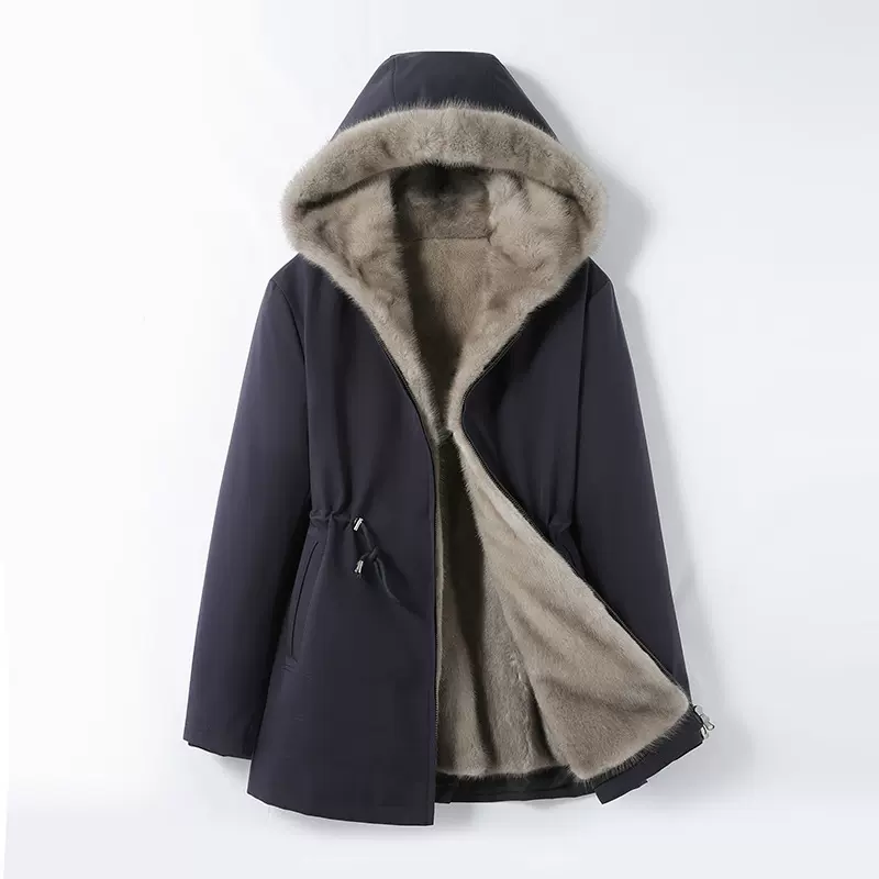 冬季保暖连帽尼克服女装整皮水貂内胆可脱卸派克服大衣皮草外套