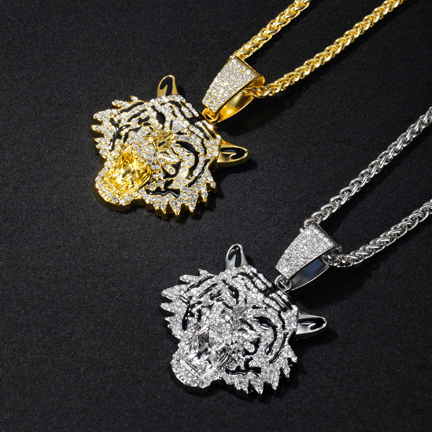 Tiger Head Pendant Necklace For Men Alloy Diamond Studded Jewelry_voghion.com