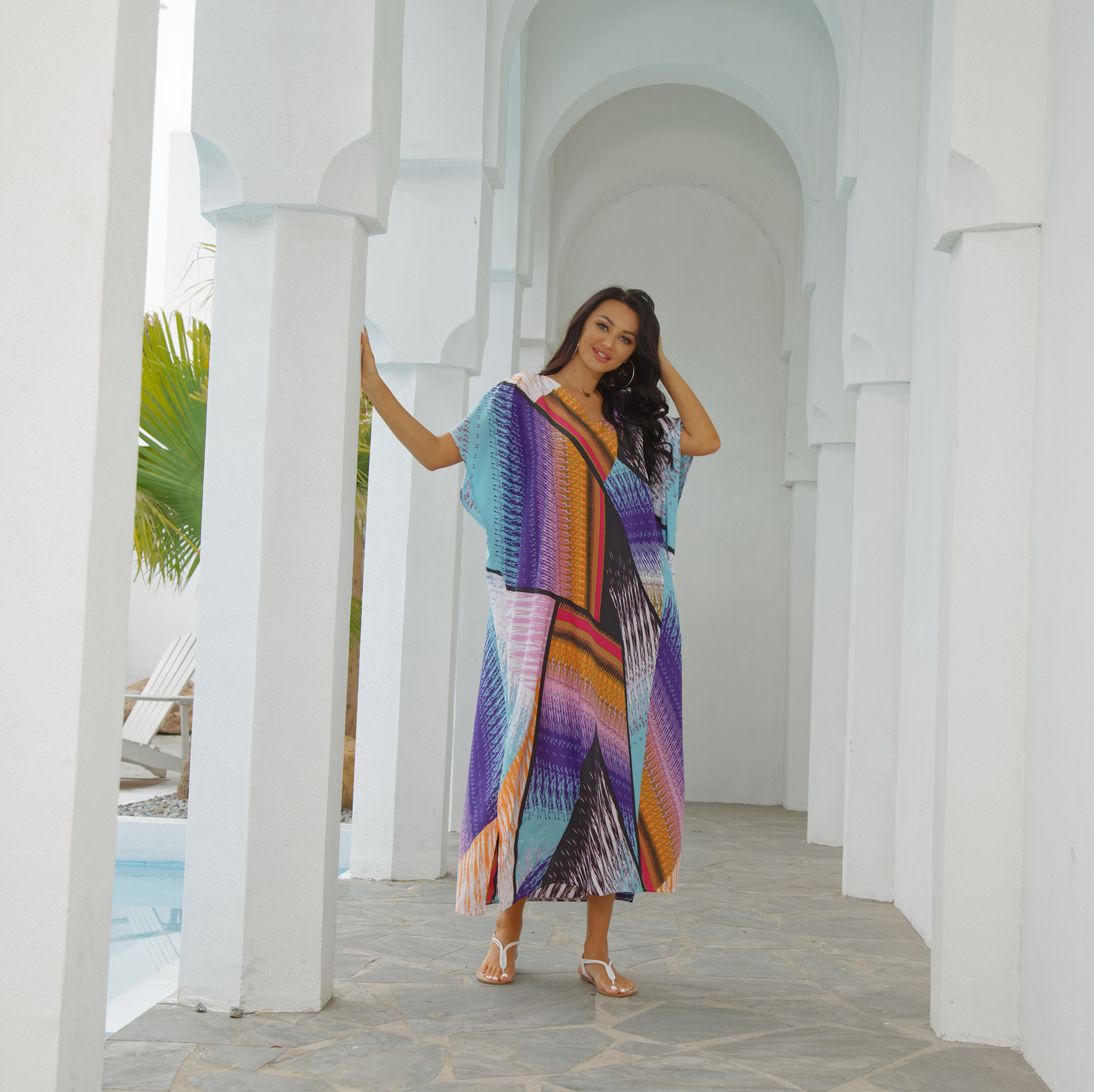 Blusa de playa colorido flor bloque de impresión vacaciones traje suelto bikini ropa de protección solar transfronteriza 5D27