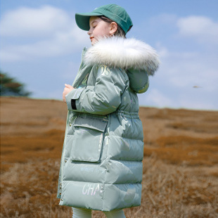 2022 New Children's Down Jacket Girls' Mid-length Western Style Wash-free Middle and Large Children's Bright Face Thickened White Duck Down Jacket