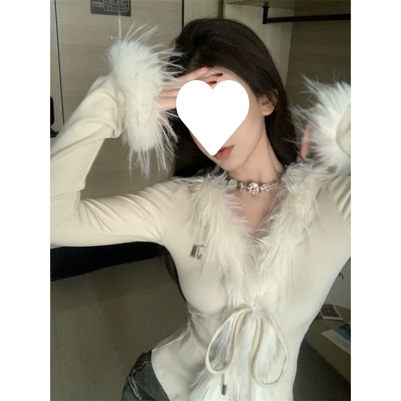 Короткий Трикотаж женский в Корейском стиле, зимняя атмосфера, V-образный вырез, шнуровка, потертый дизайн, однотонный горячий Кардиган для девочек, Топ