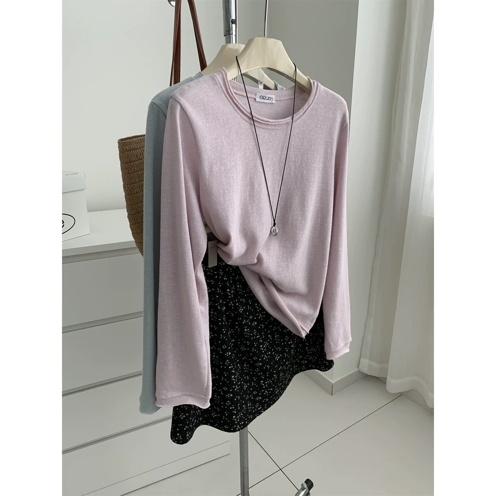 [Fat Girl] Korean Design Curled Long-Sleeved T-Shirt for Women in Early Autumn, Versatile and Loose Large Size Tops