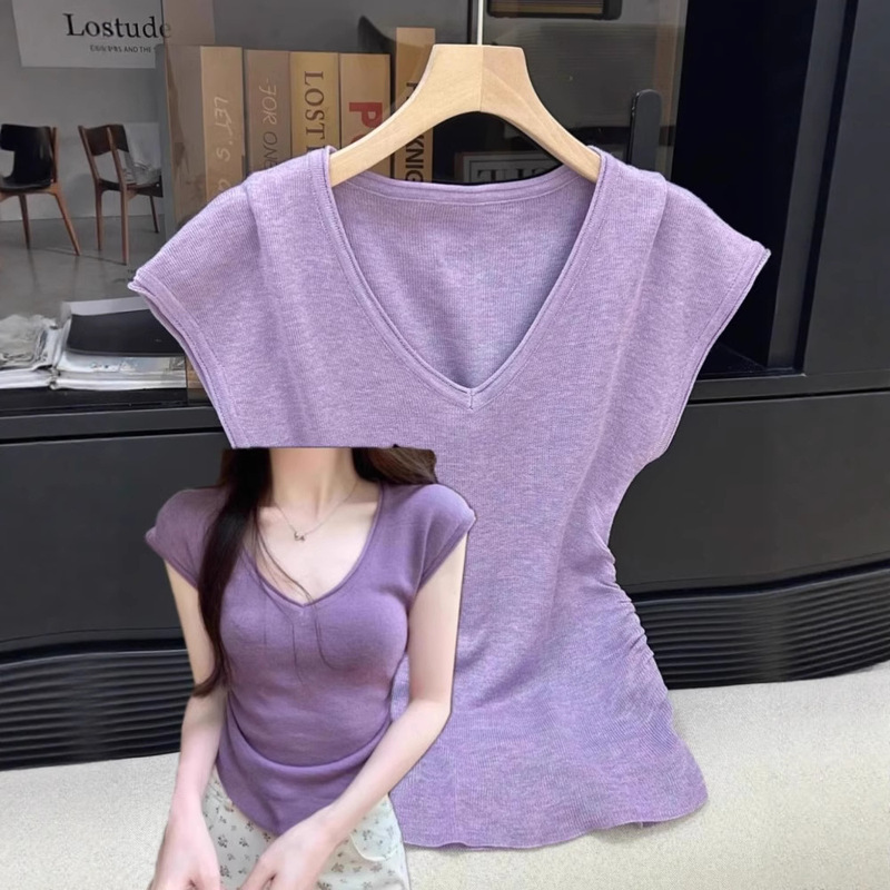 Purple Pure Desire V-Neck Knitted Ice Silk Small Flying Sleeves Right Shoulder T-Shirt Small Slim Fit Asymmetrical Short Top for Women Summer