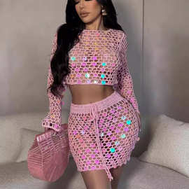 亚马逊源头工厂 性感欧美女装手工钩织亮片裙两件套沙滩裙套装