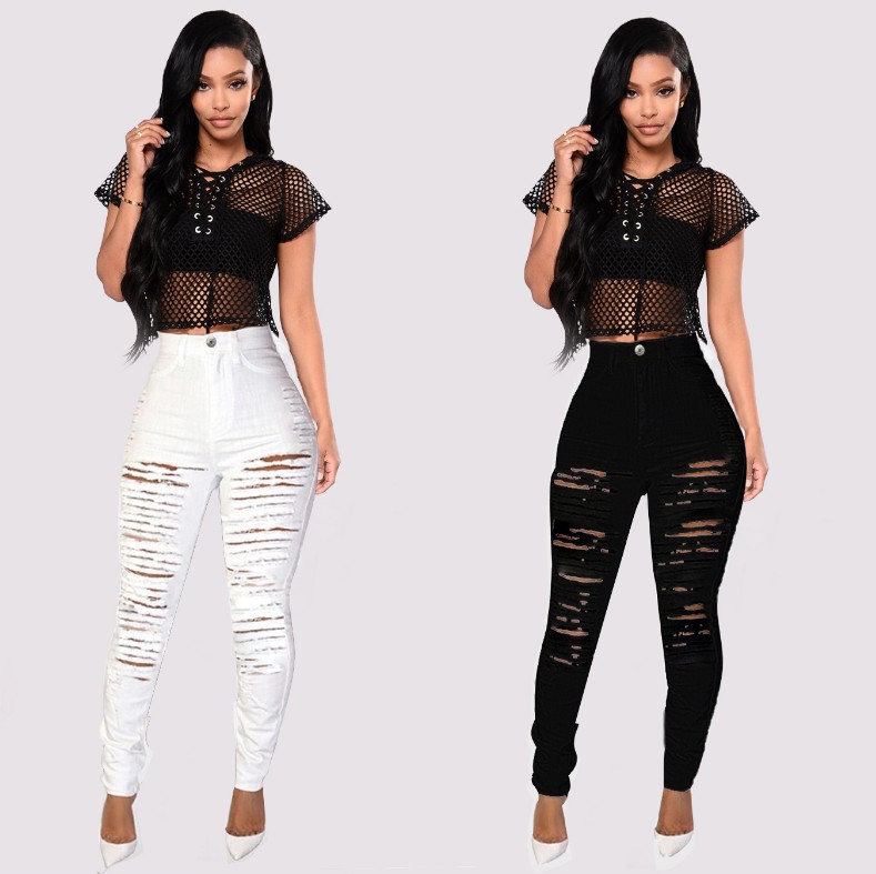El comercio exterior de AliExpress deseo Amazon Europea y Americana personalizada rasgado Delgado elástico cintura alta Denim pantalones flacos image 2