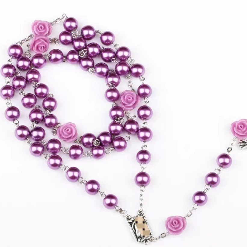New Cross-Border Foreign-Style Rose Bead Flower Rosary Necklace Cross Pendant Bracelet Prayer Pendant Sweater Chain