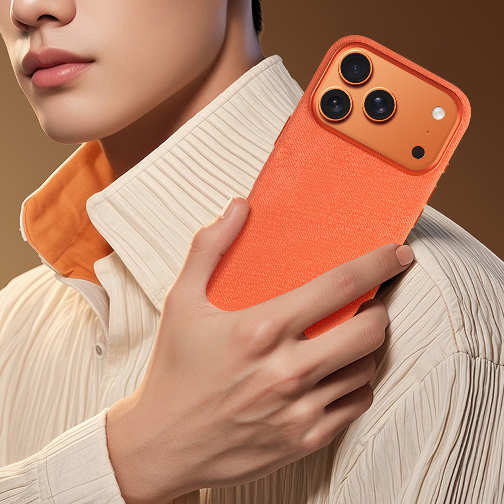 Ốp lưng điện thoại Apple 17 họa tiết nhung, hút từ mạnh, khung kim loại màu cam — màu đen, nâu, màu xám, cam chi tiết 10