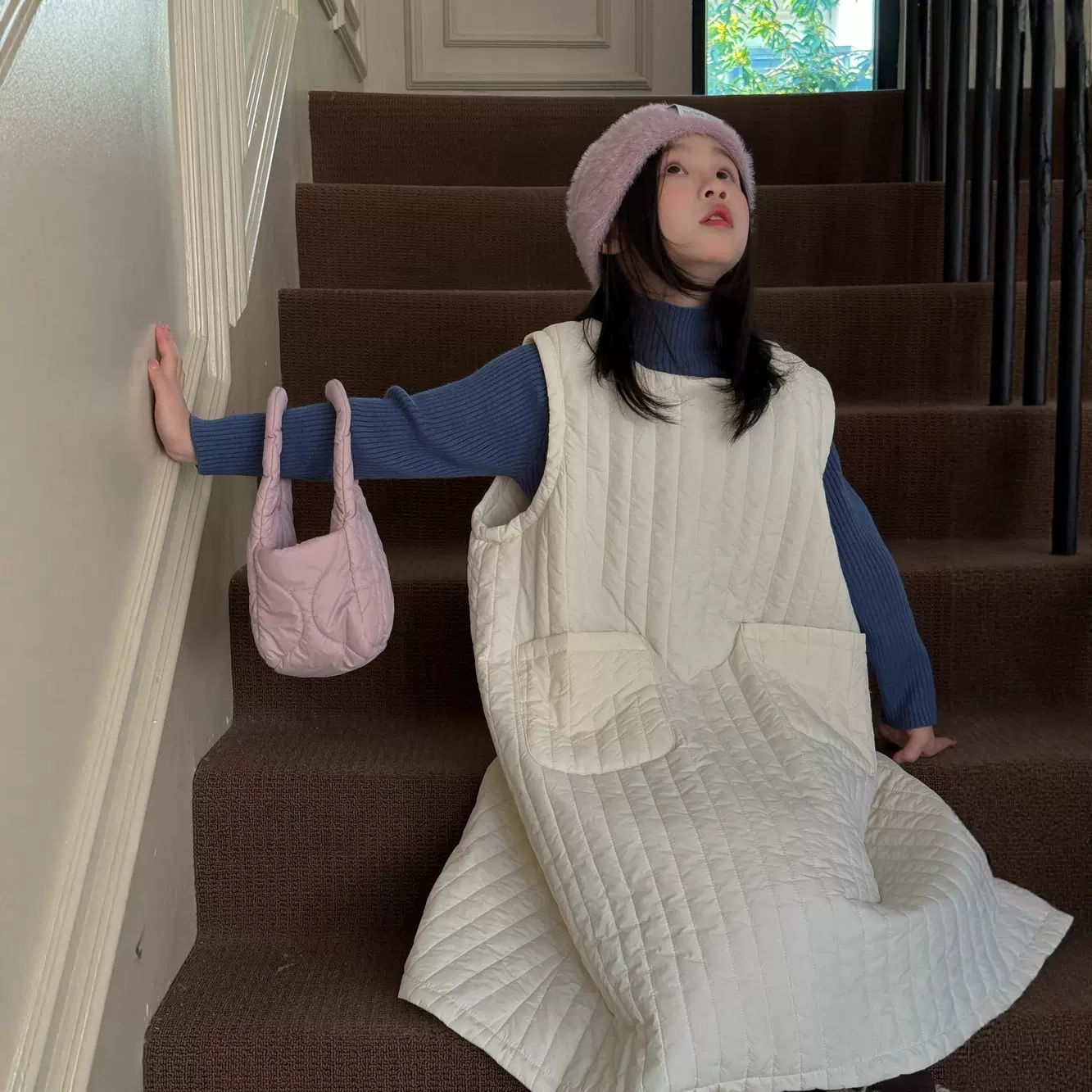 童连衣裙2025秋冬韩版女童竖条绗棉加厚长裙儿童纯色背心裙